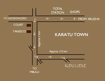 Sketch map: from Arusha, turn left at the Total station in Karatu towards Mbulu, about 1 km, then left again about half a kilometre to Kudu Lodge