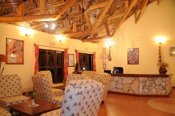 Reception lounge under a woven timber ceiling