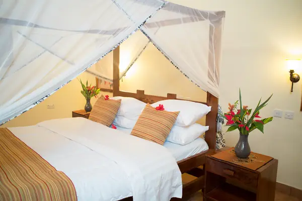 Serengeti Suite with a wide bed, striped throw and red flowers